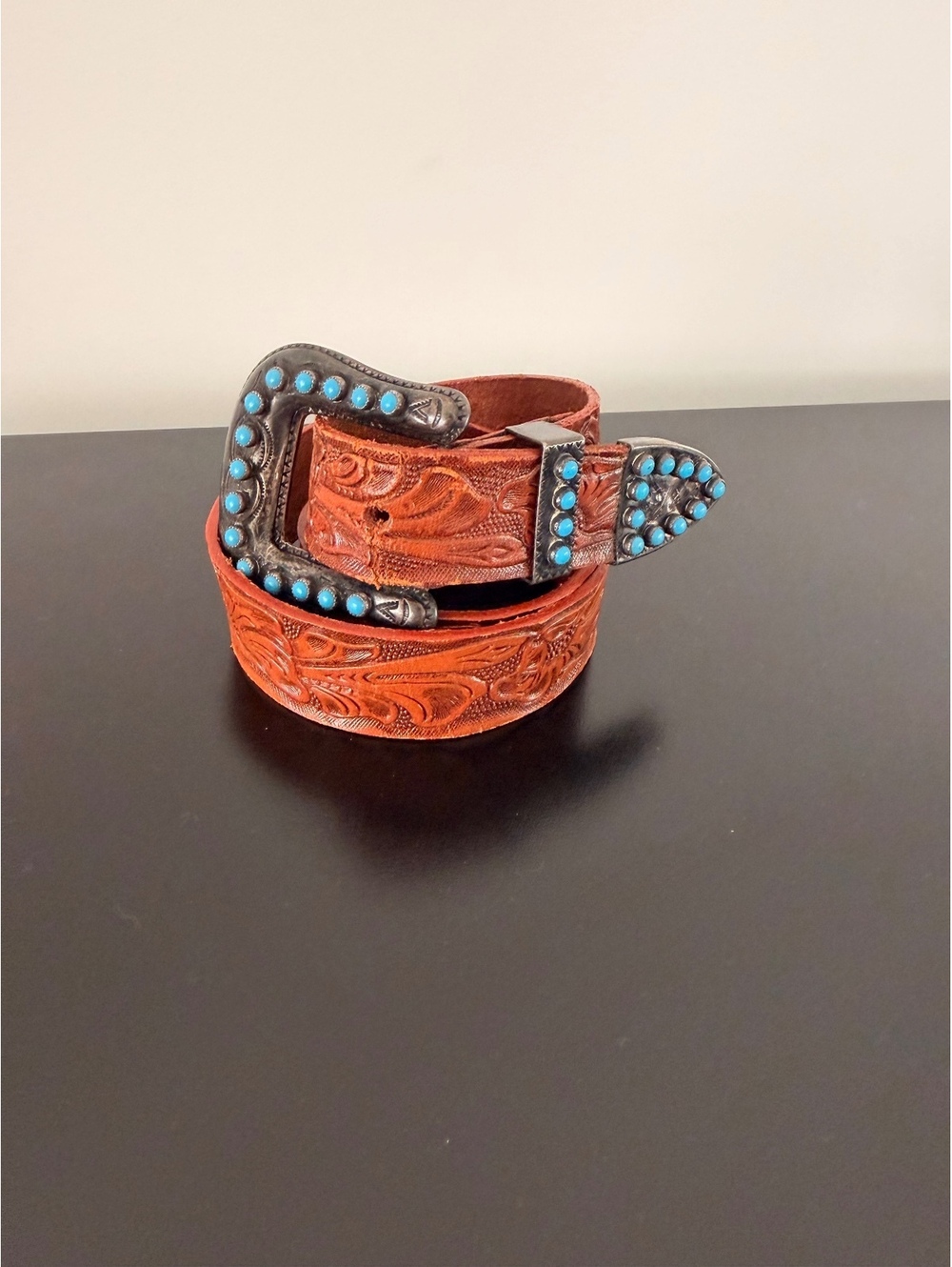 Vintage Tex Tan Full Grain Cowhide Leather Belt with Turquoise Studded Buckle